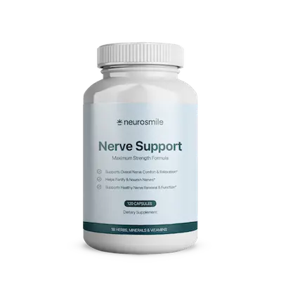 A white bottle of neurosmile Nerve Support dietary supplement, containing 120 capsules.