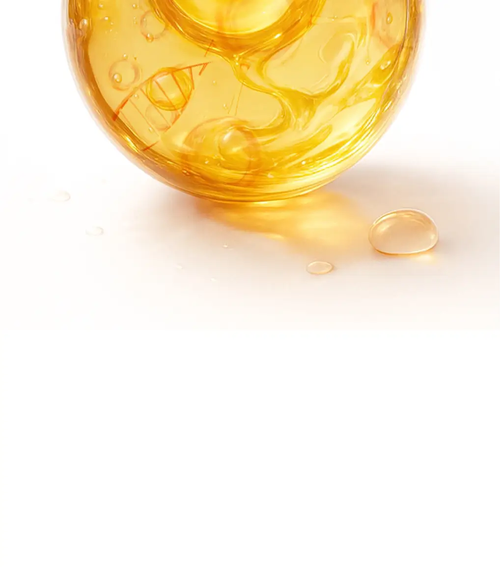 A close-up shot of a swirling, golden liquid in a clear container with spilled drops on a white surface.