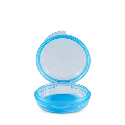 A small, round, light blue plastic case with its hinged lid open, shown against a white background.