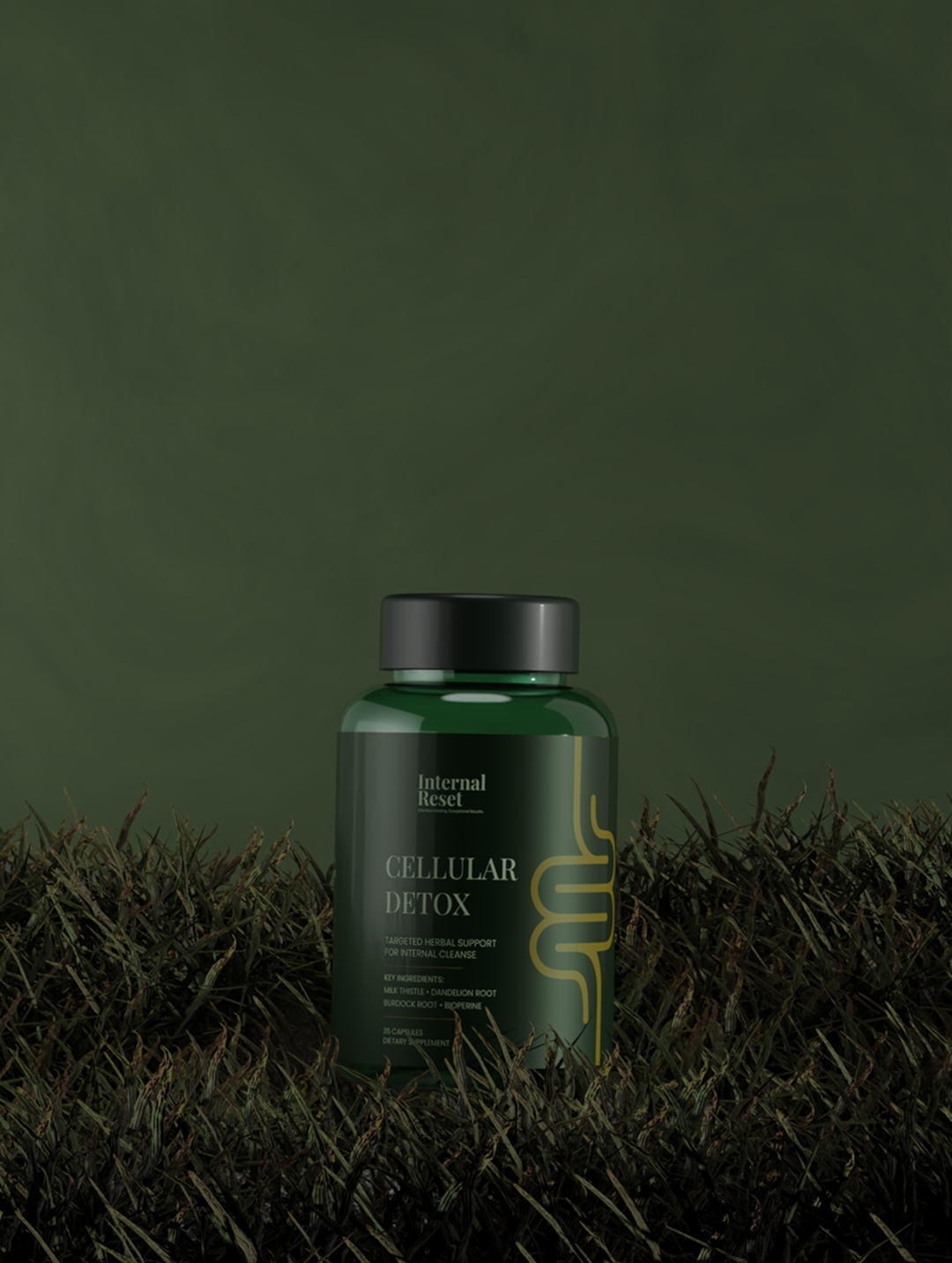 Green bottle labeled 'Cellular Detox' on grass with a dark green background.