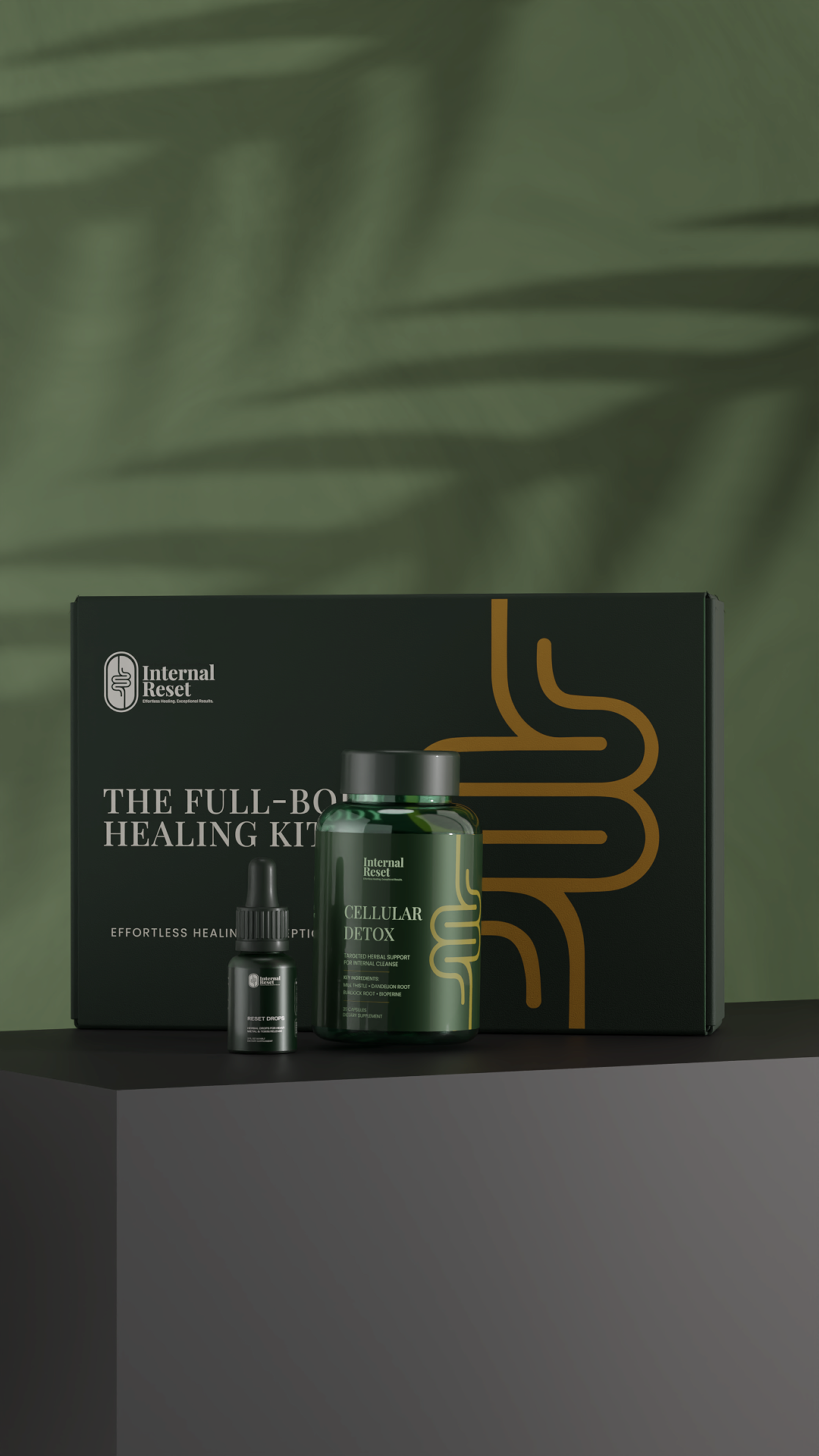 Green detox kit with bottles and box on a dark surface.