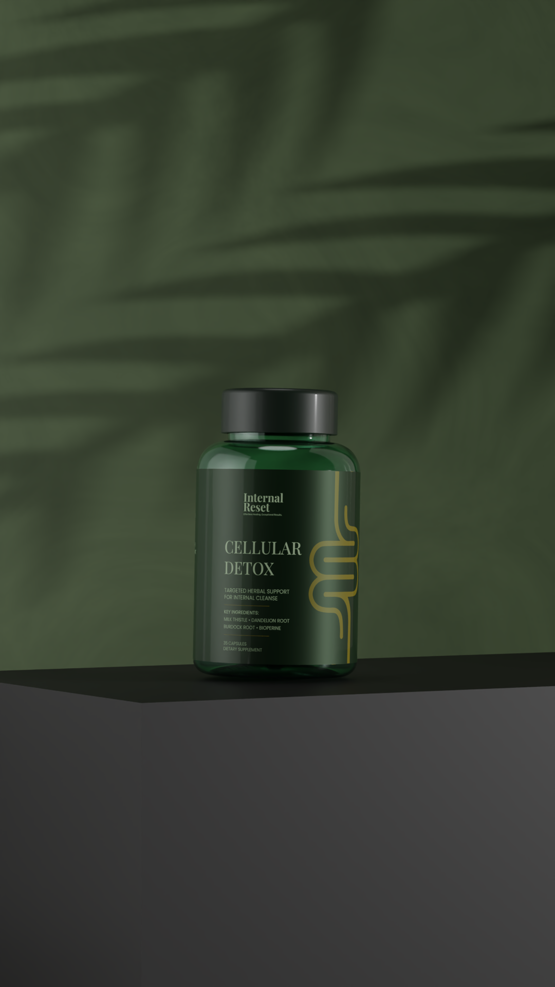 Green bottle labeled 'Cellular Detox' on a dark surface.