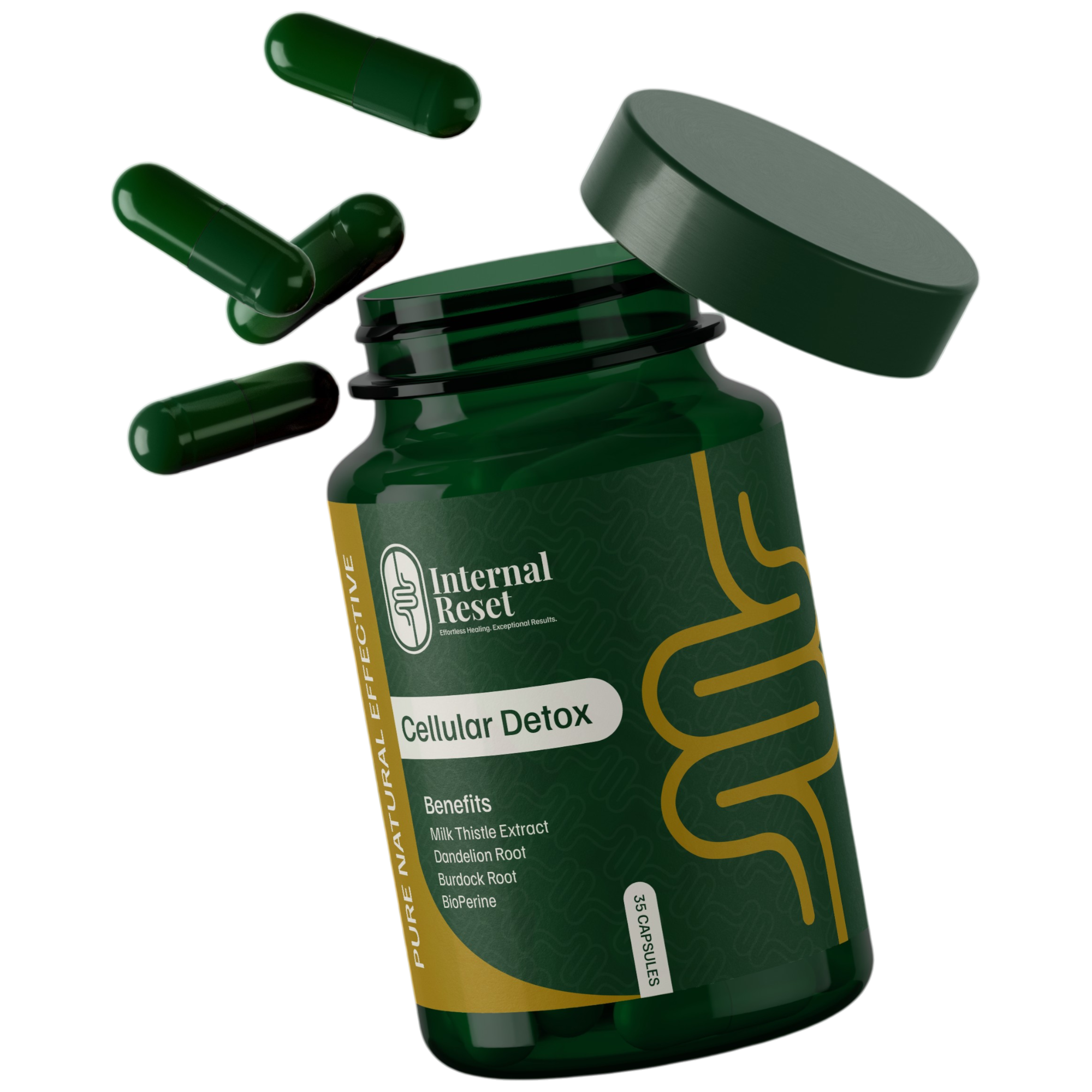 Green bottle labeled 'Cellular Detox' with capsules spilling out.
