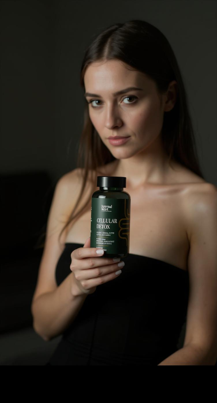 Person holding a bottle labeled 'Cellular Detox' against a dark background.