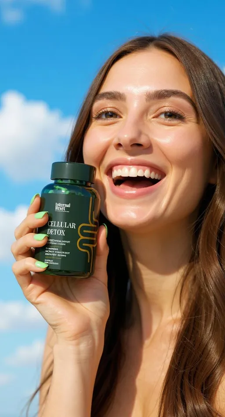 Smiling woman holding a bottle labeled 'Cellular Detox' against a blue sky.