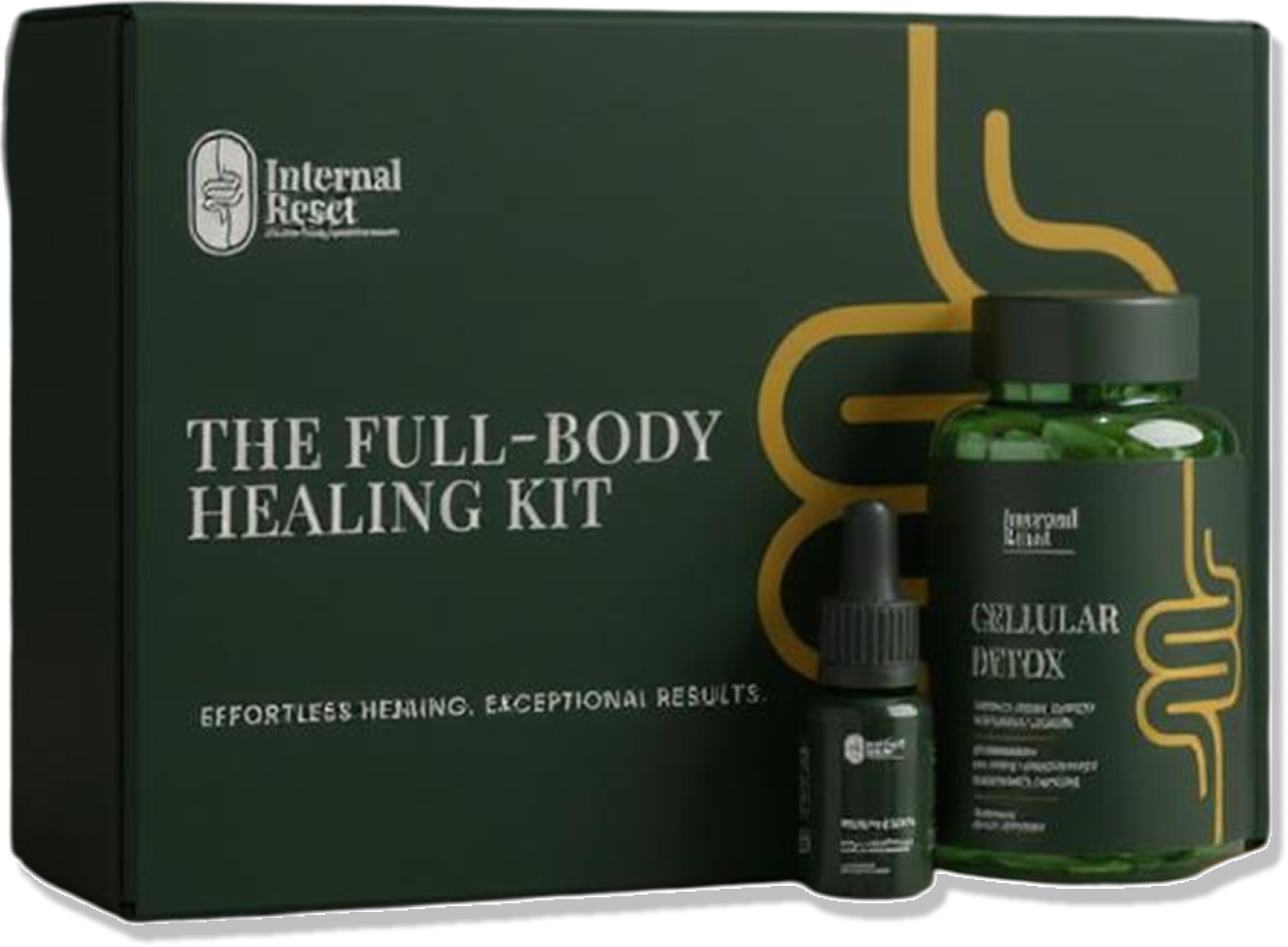Green box labeled 'The Full-Body Healing Kit' with two supplement bottles.
