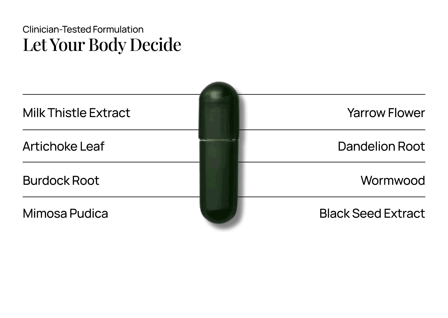Dark green capsule with list of herbal ingredients on white background.