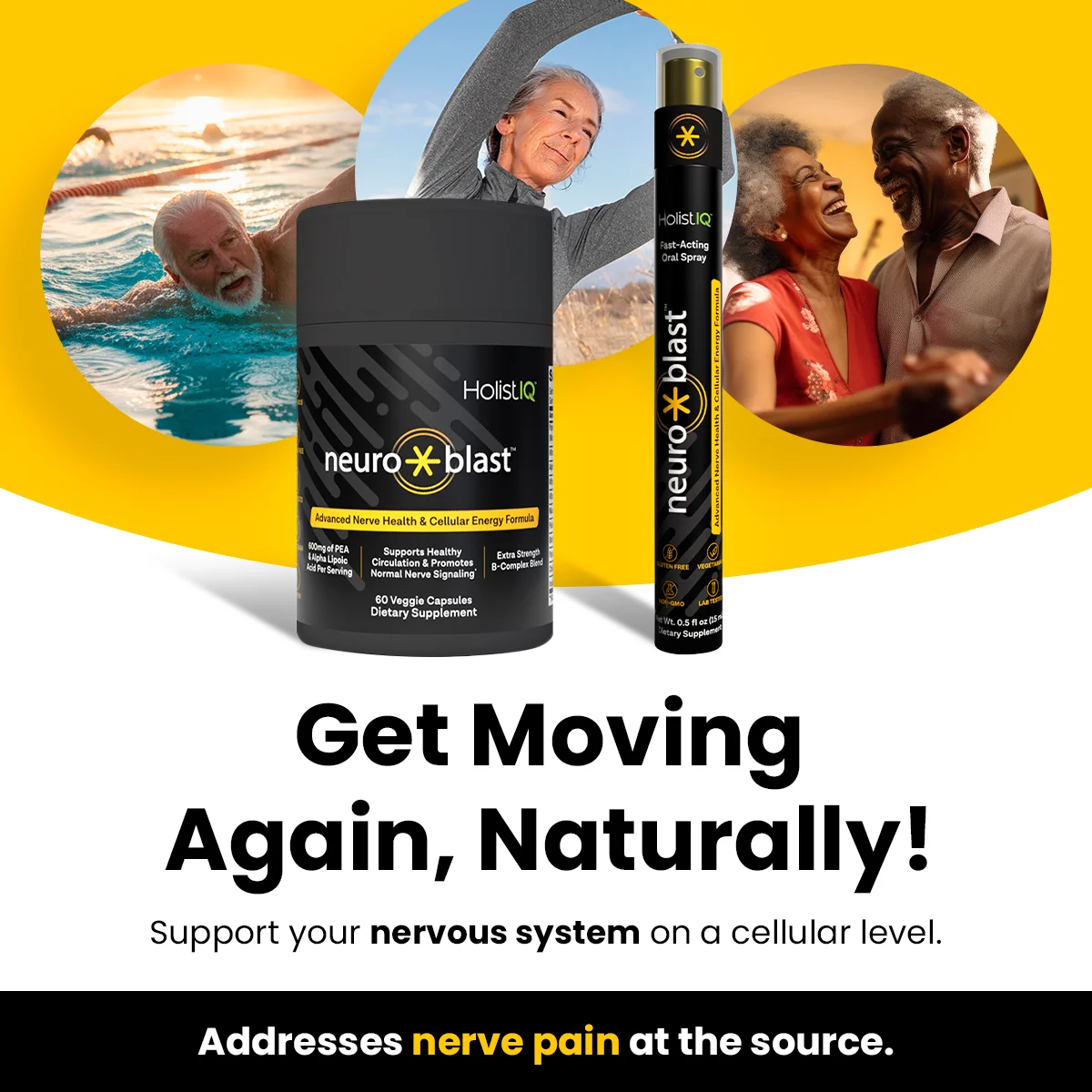 An ad for HolistiQ neuro*blast supplements showing active seniors swimming, stretching, and dancing.