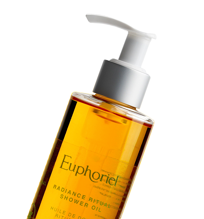 Bottle of Euphoriel Radiance Ritual Shower Oil with pump dispenser.