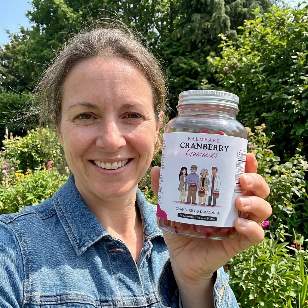 A smiling woman in a garden holds up a jar of Balmbare Cranberry Gummies.