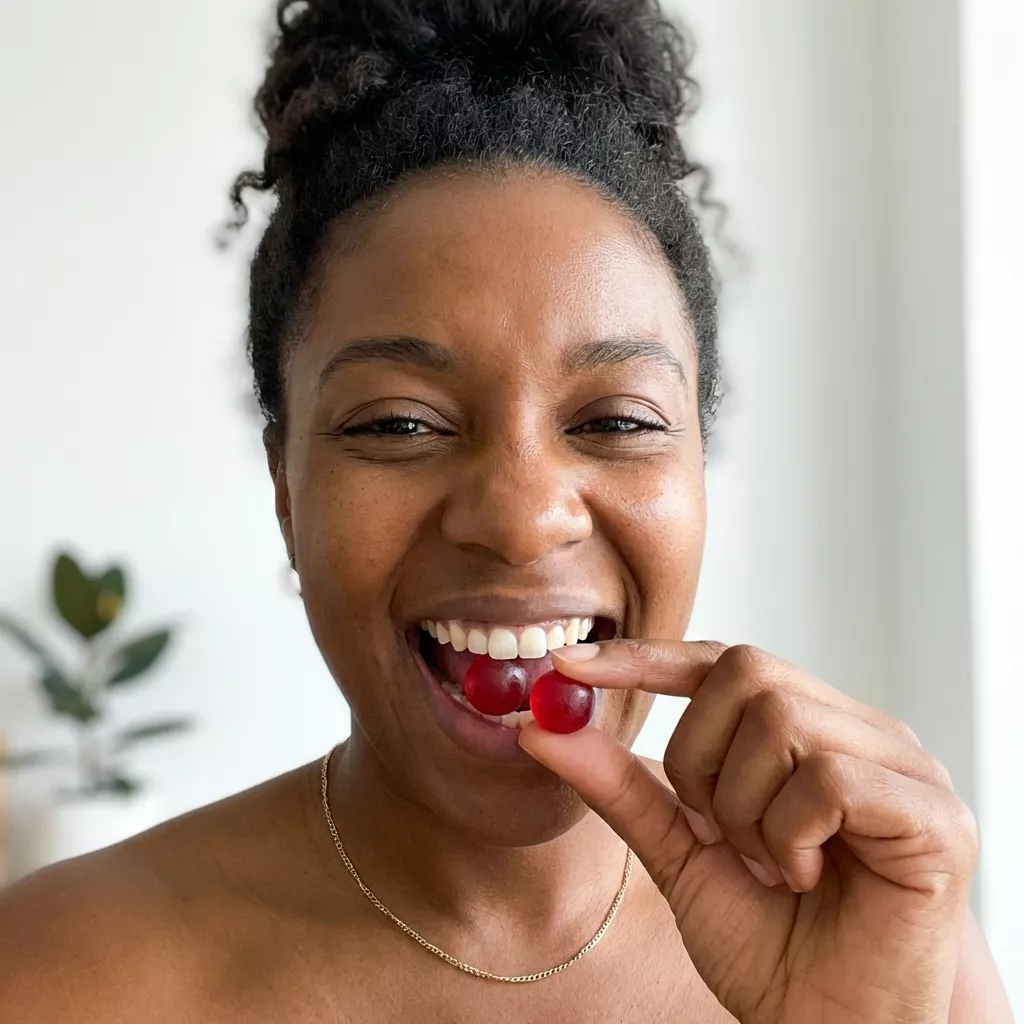 A smiling woman with her hair in an updo holds two red gummies to her open mouth.