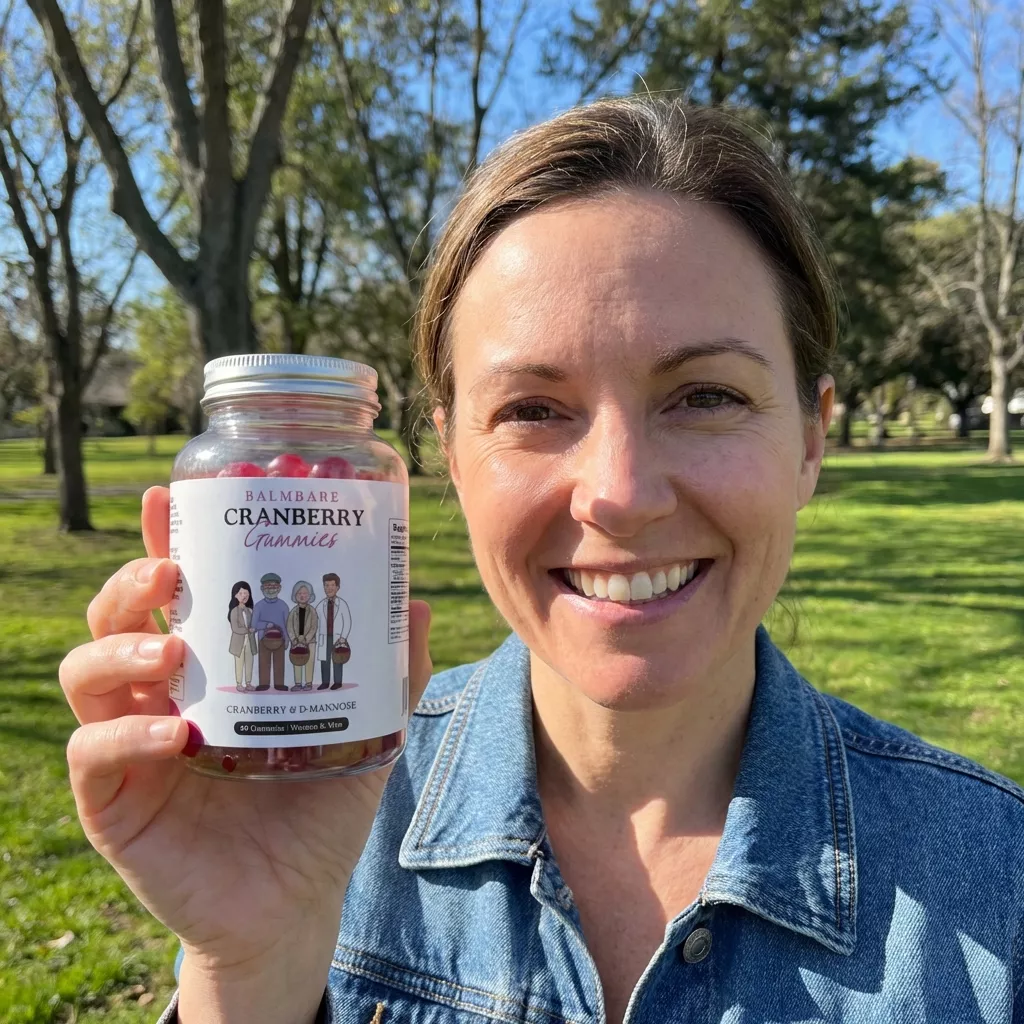 A smiling woman in a denim jacket holds up a jar of Balmbare Cranberry Gummies outdoors.