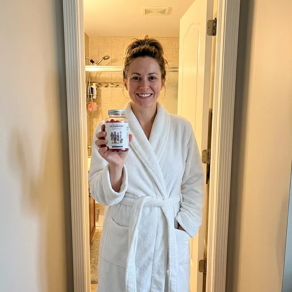 A smiling woman in a white bathrobe stands in a doorway holding a bottle of cranberry supplements.
