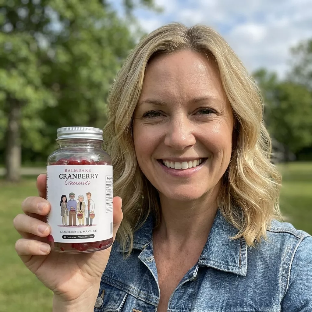 A smiling woman in a denim jacket holds up a bottle of Balmbare Cranberry Gummies outdoors.