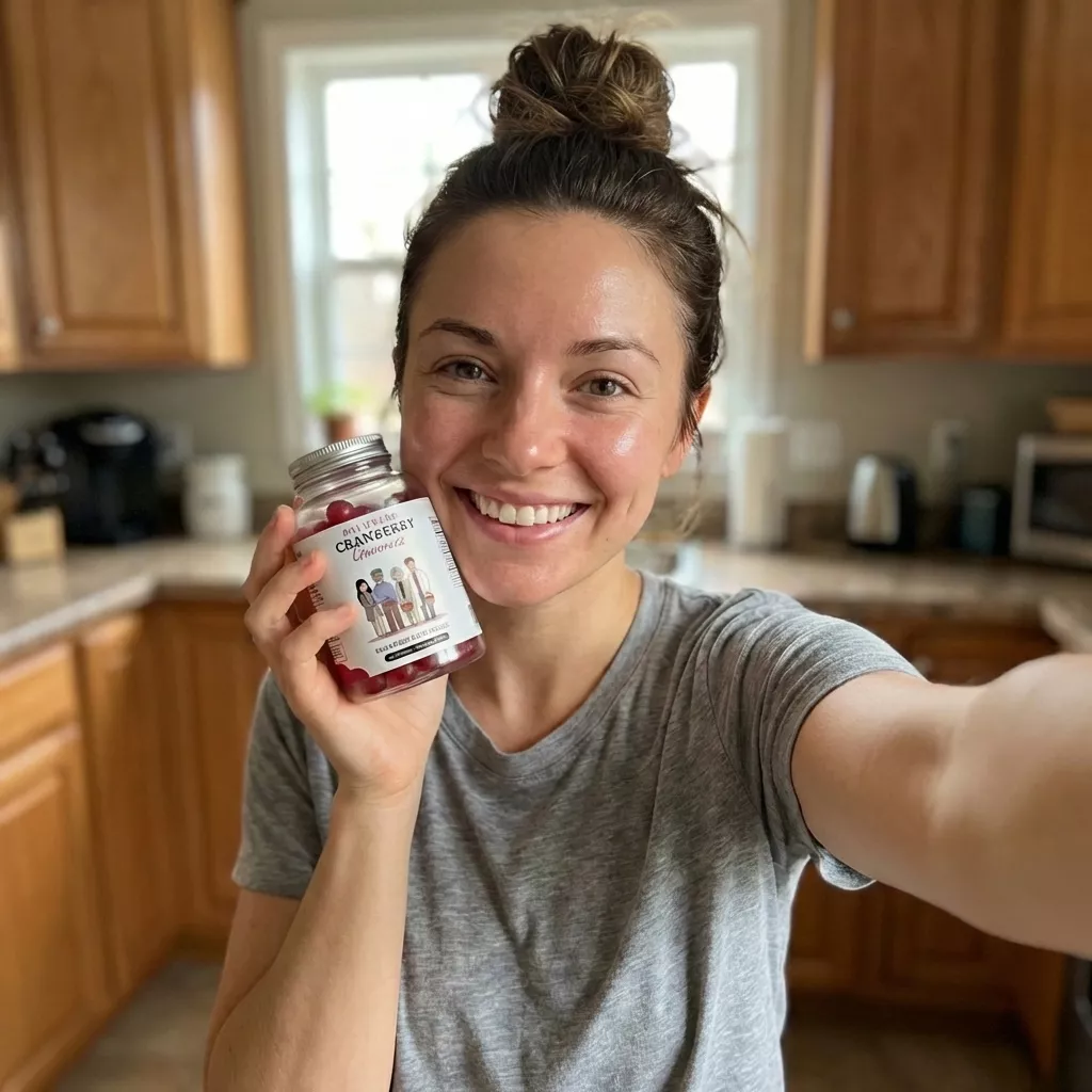 A smiling woman with her hair in a bun takes a selfie holding a bottle of cranberry gummies.