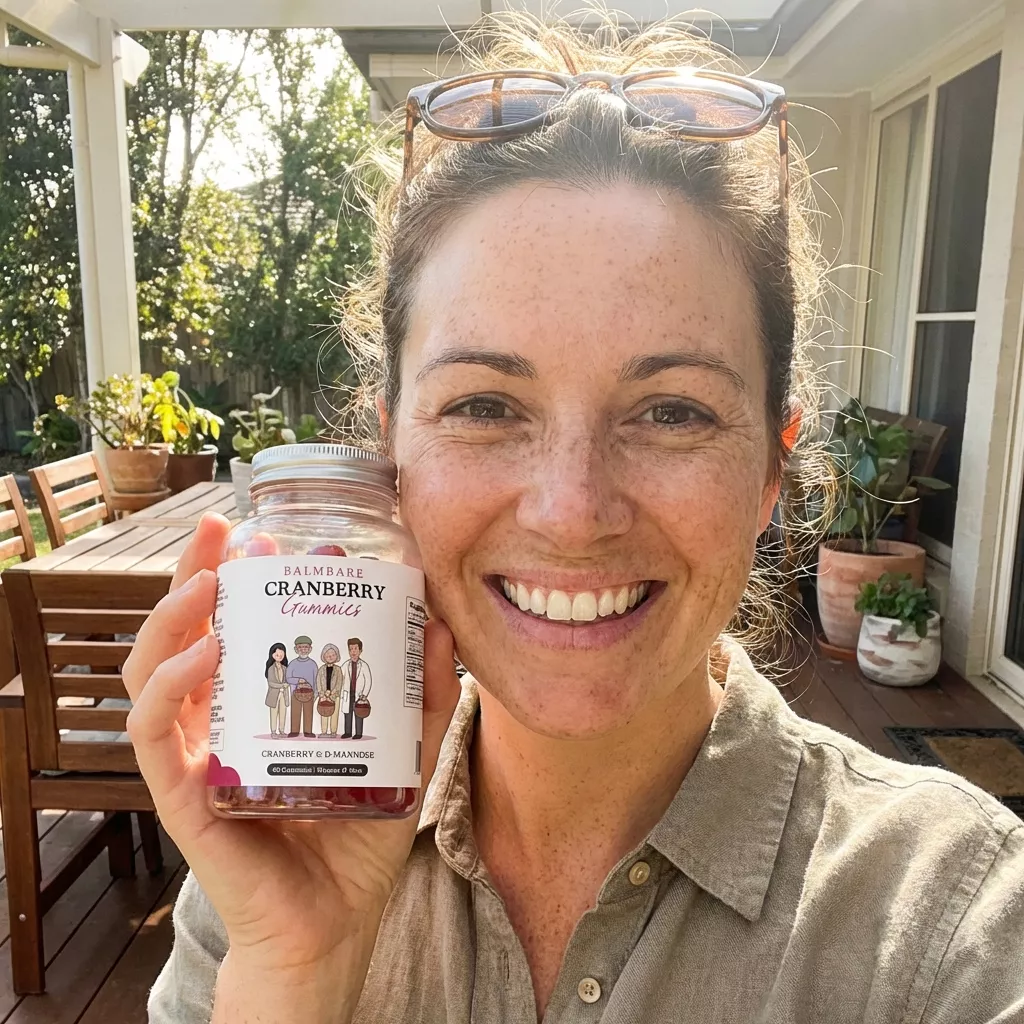 A smiling woman holds a bottle of Balmbare Cranberry Gummies while standing on a sunny patio.