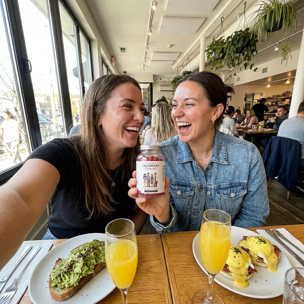 Two women laugh together over brunch, holding up a jar of cranberry gummies in a sunlit restaurant.