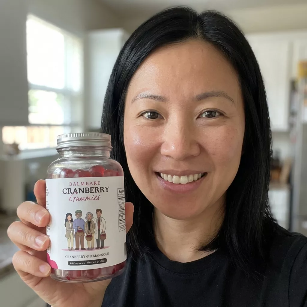 A smiling woman with black hair holds up a bottle of Balmbare Cranberry Gummies.