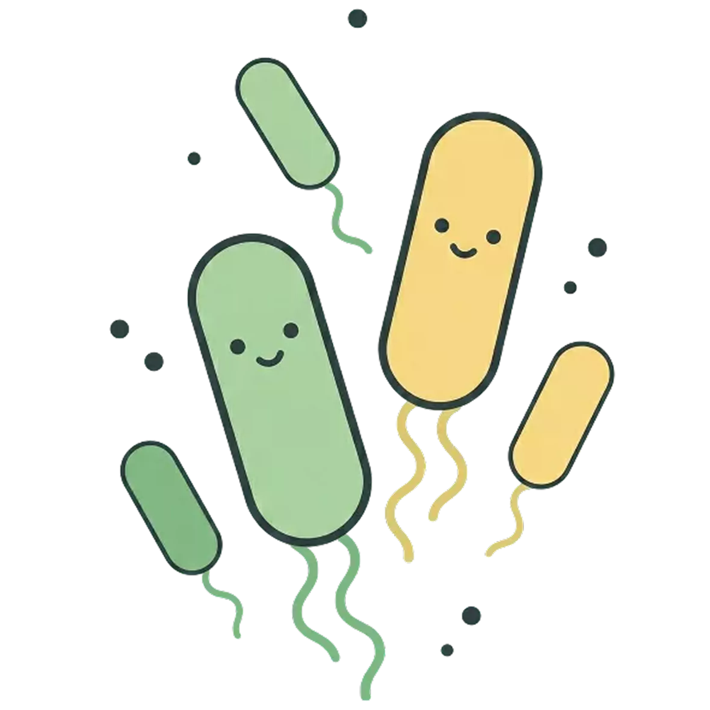 A cartoon illustration of several green and yellow smiling bacteria with tails on a green background.