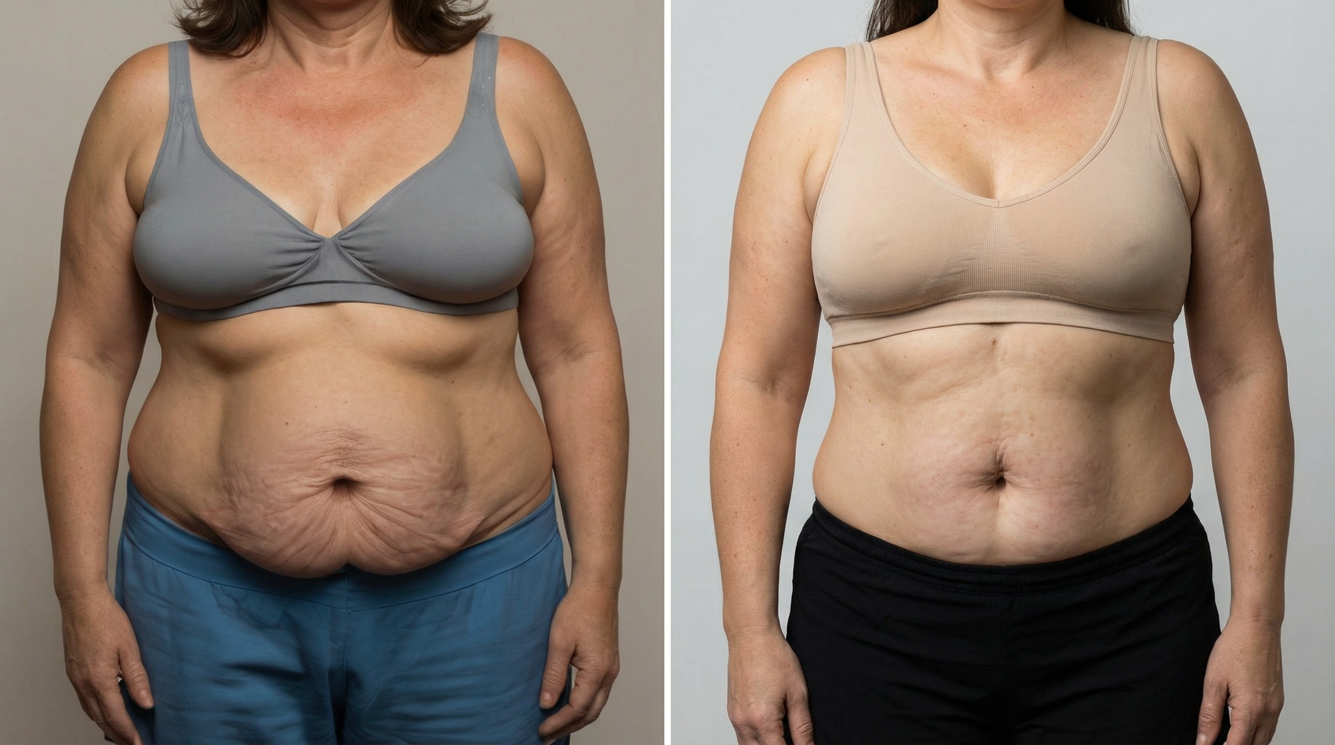 Side-by-side images of a woman before and after apparent weight loss.