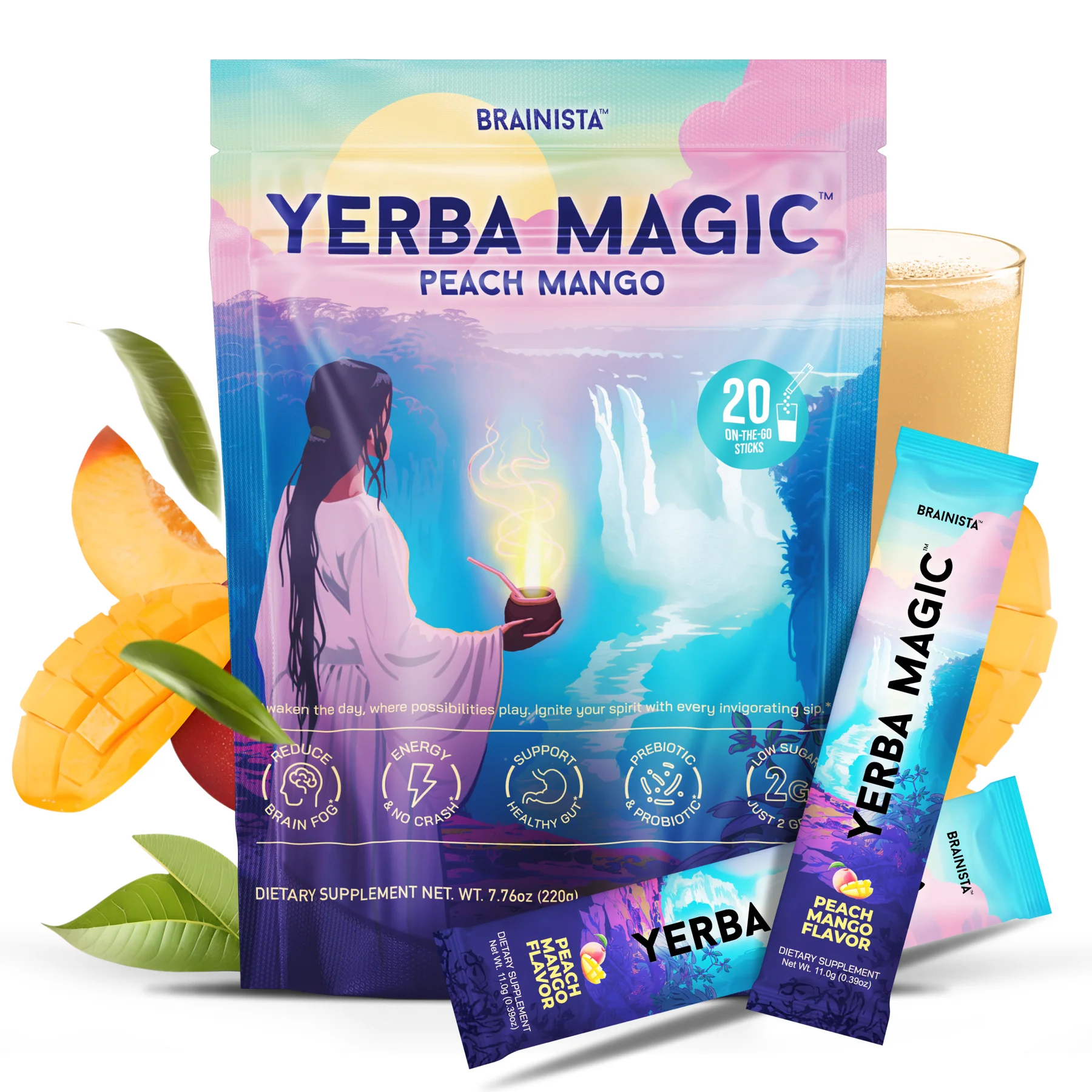 Colorful packaging of Yerba Magic Peach Mango with fruit and a drink.