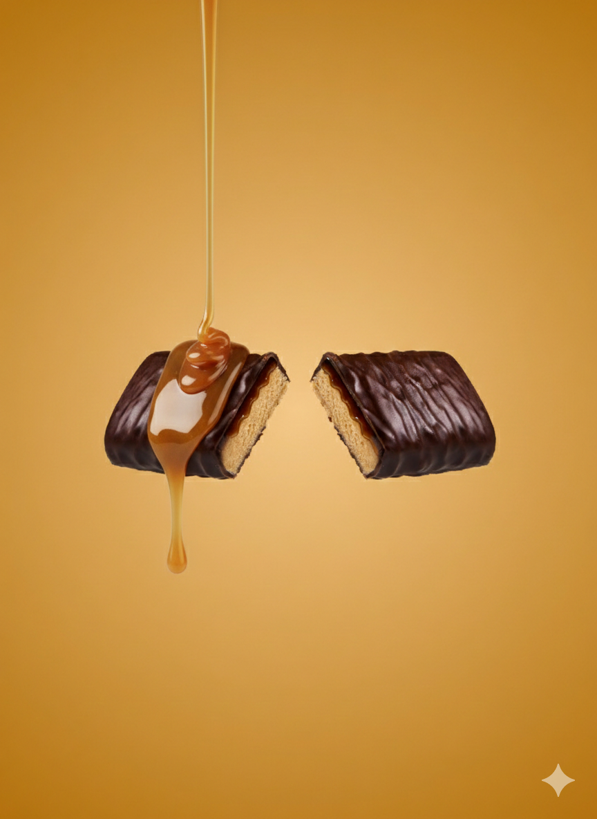 A chocolate-covered bar, split in two, with caramel being poured over it against a golden-brown background.