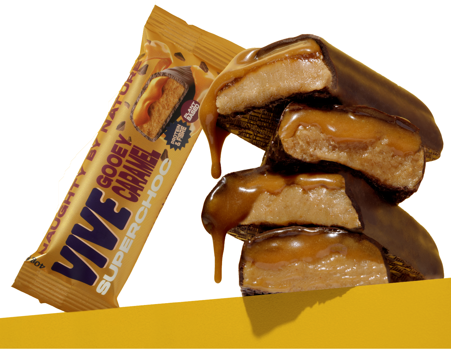 Stacked chocolate-covered caramel bars with a package labeled 'Vive Gooey Caramel' on a yellow background.