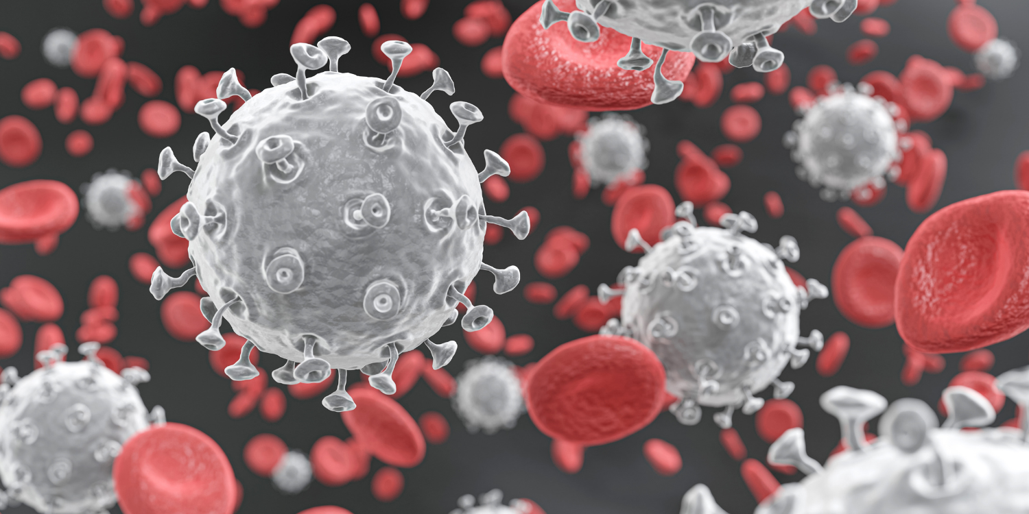Illustration of viruses and red blood cells in a dark background.