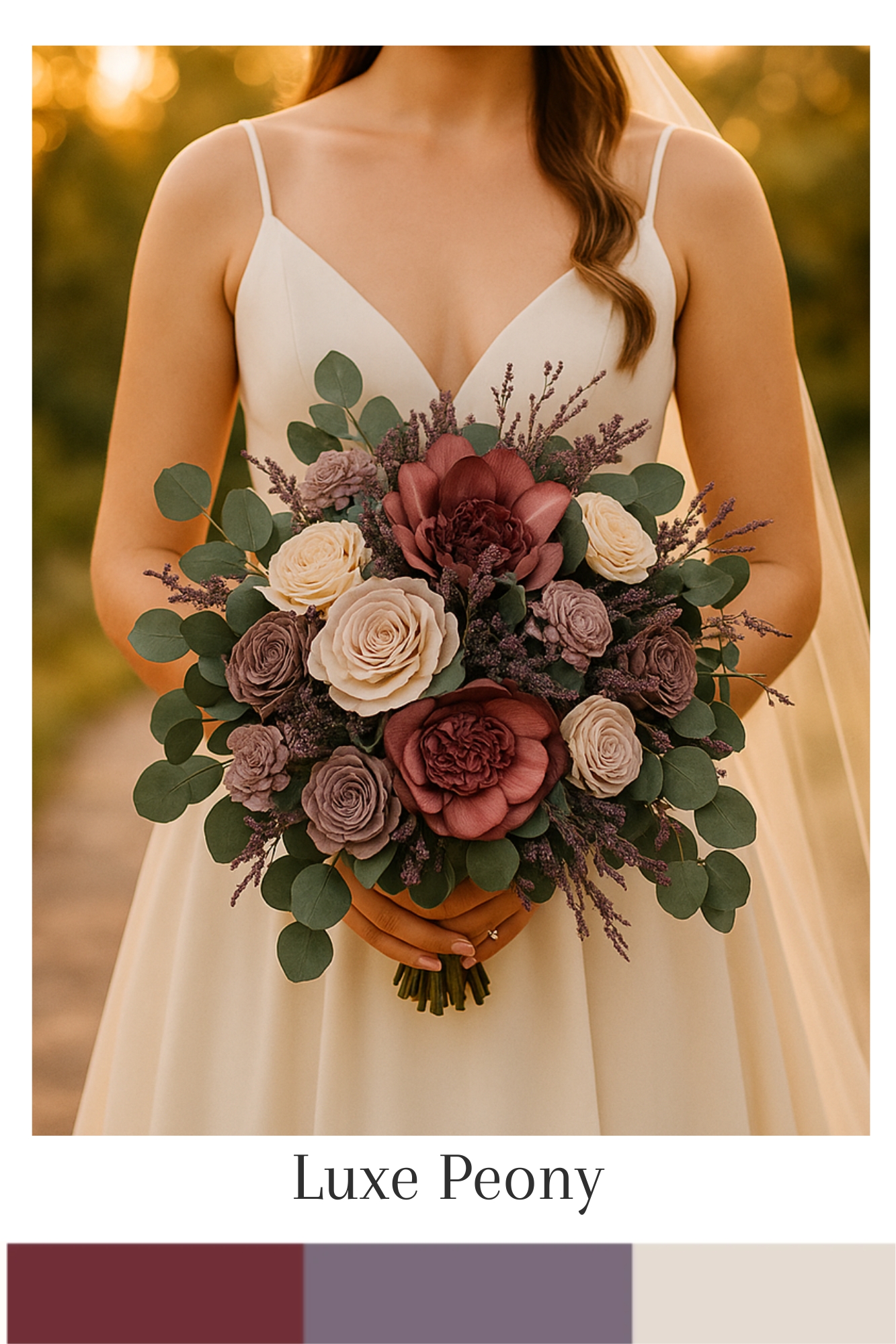 A bouquet of peonies and greenery tied with a black ribbon.