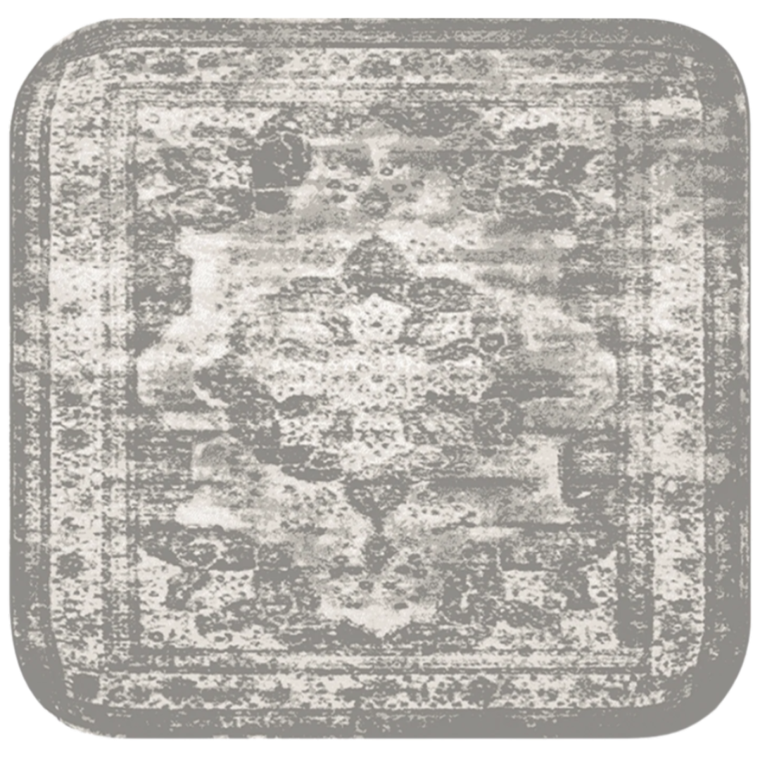 Square, vintage-style rug with a faded, ornate pattern in gray tones.