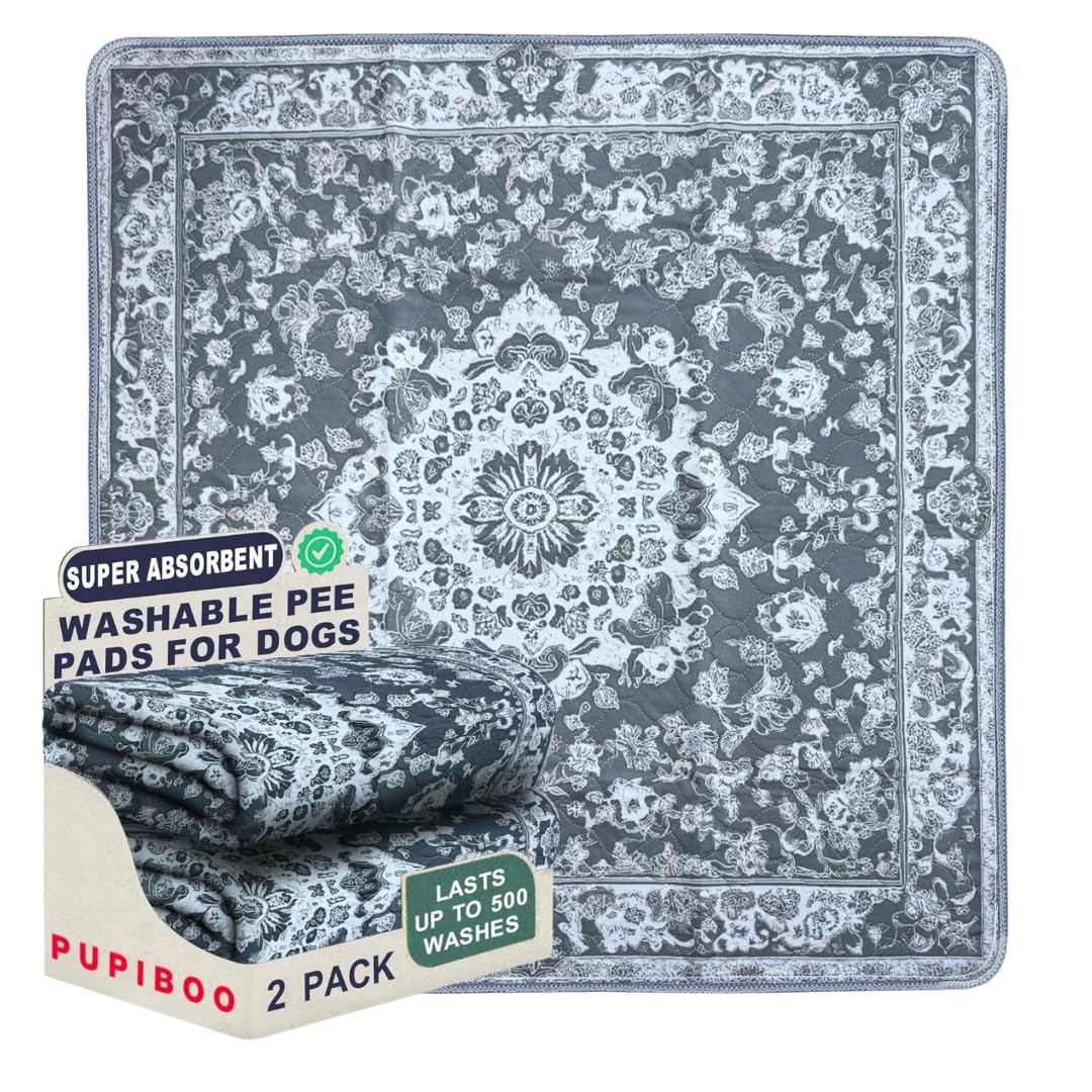 Gray patterned washable pee pads for dogs, labeled as super absorbent and durable.