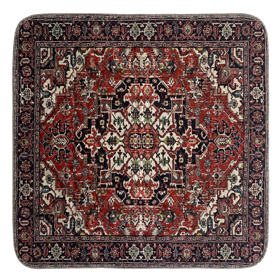 Intricate red and white Persian rug with geometric patterns and floral motifs.
