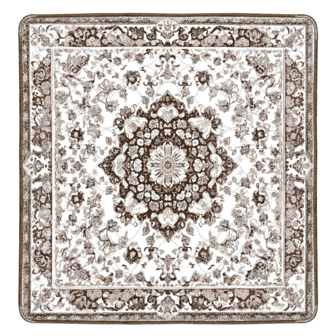 Square ornate rug with intricate floral patterns in brown and white.