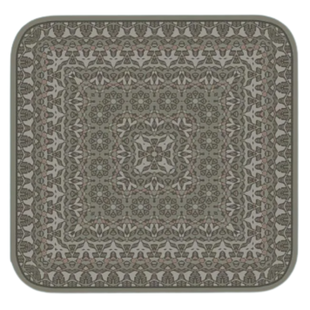 Intricate geometric pattern with symmetrical design in muted colors.