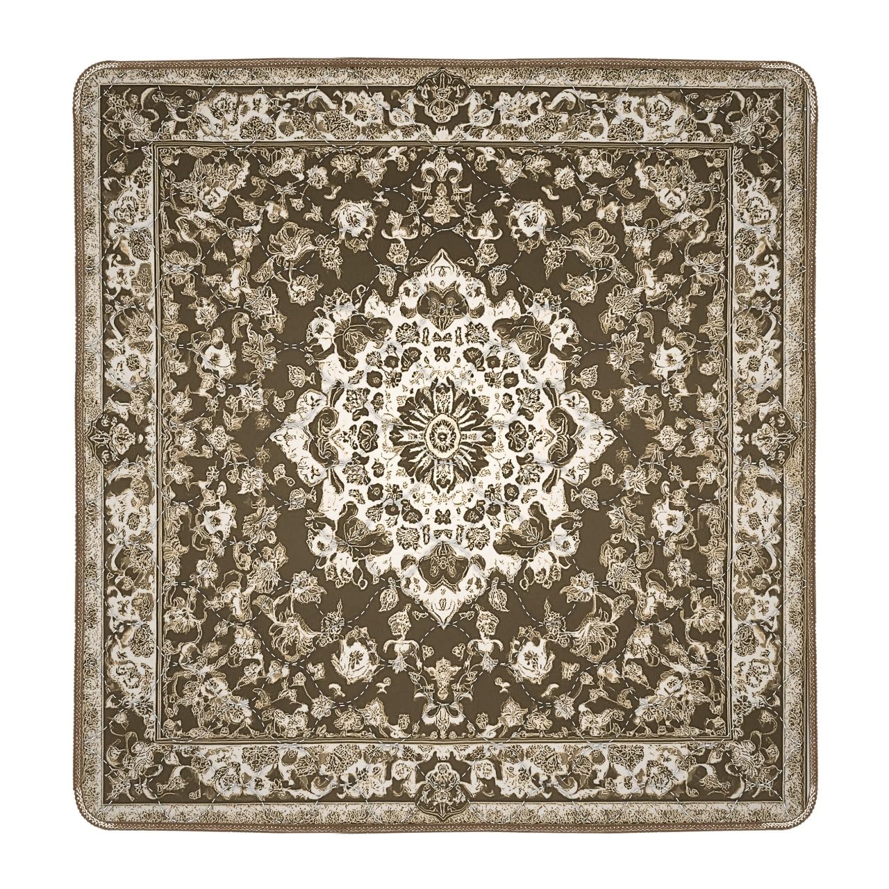 Intricate floral patterned square rug with a central medallion design.