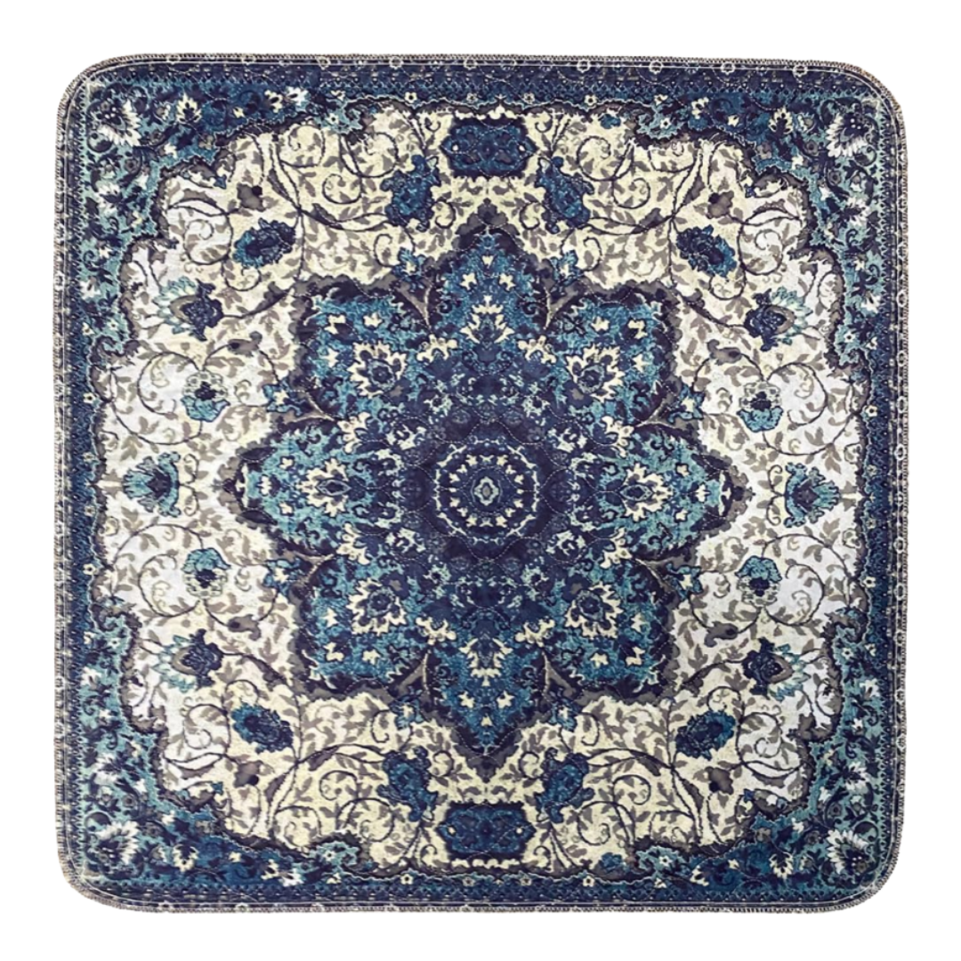Square Persian-style rug with intricate blue and white floral patterns.