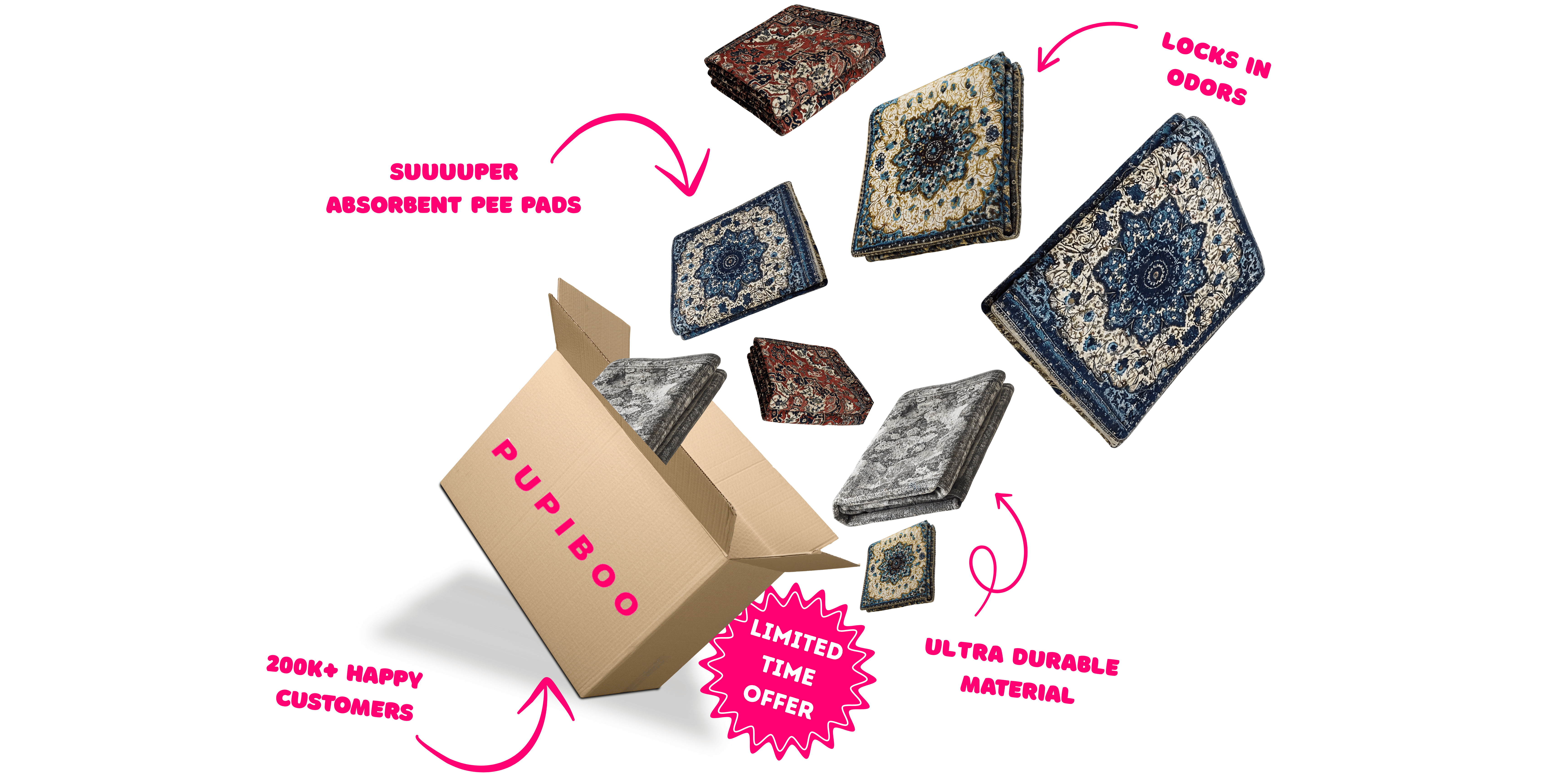 Cardboard box with folded patterned pee pads and promotional text.