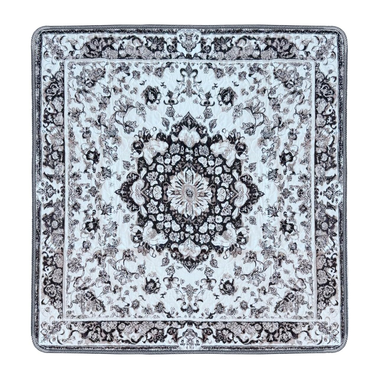 Square Persian-style rug with intricate floral and geometric patterns in black and white.