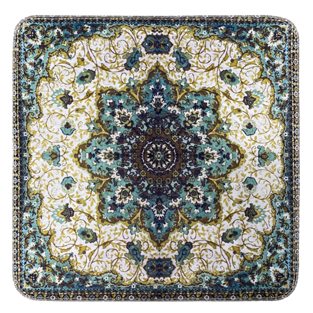 Square decorative rug with intricate floral and geometric patterns in blue, green, and gold.