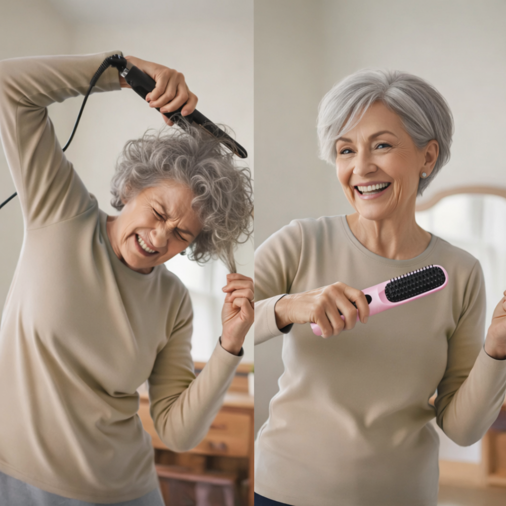 Woman styling hair with curling iron, then smiling with pink brush.
