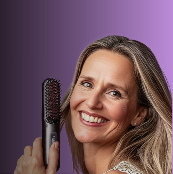 A smiling woman with blonde hair holds a black heated hairbrush.