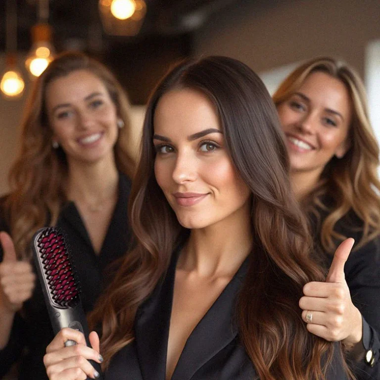 Three women smiling, holding a hairbrush, giving thumbs up.