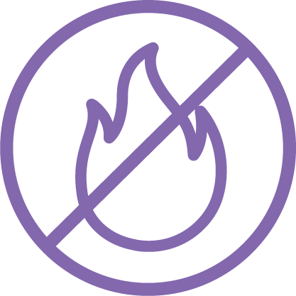 A crossed-out flame icon inside a purple circle.