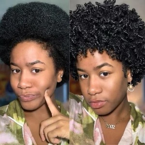 Side-by-side images of a person with different curly hairstyles.