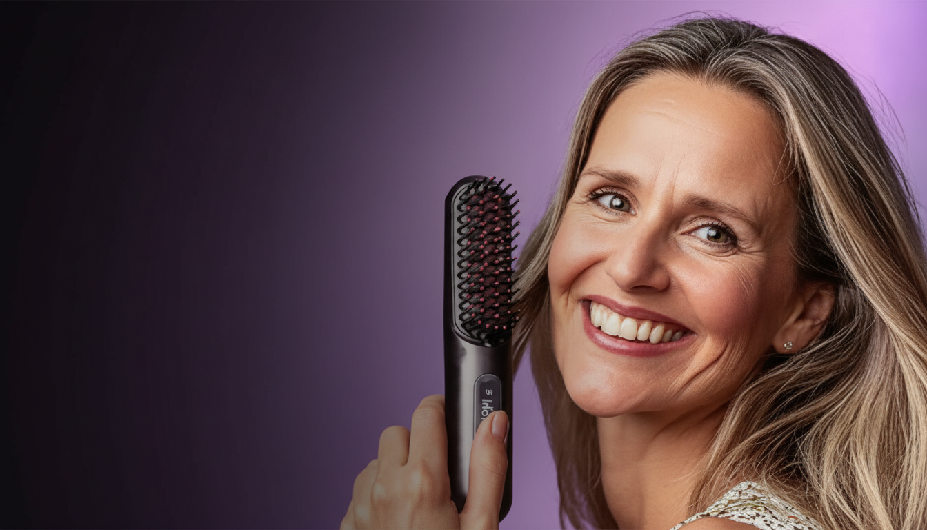 A smiling woman with blonde hair holds up a black heated styling brush against a purple background.