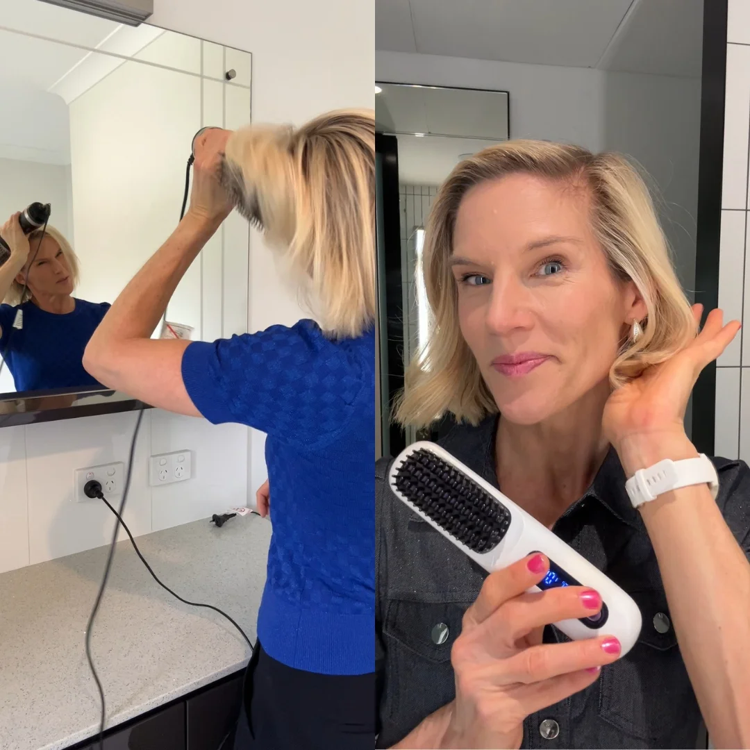 Two images of a person styling hair with a hairdryer and a straightening brush.