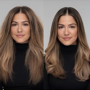 Before and after hairstyle transformation of a woman with long, straight hair.