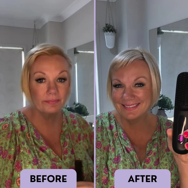 Side-by-side comparison of a person before and after using a styling tool.