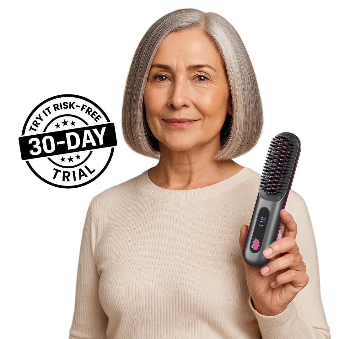 Woman holding a hair tool with a '30-day trial' text graphic.