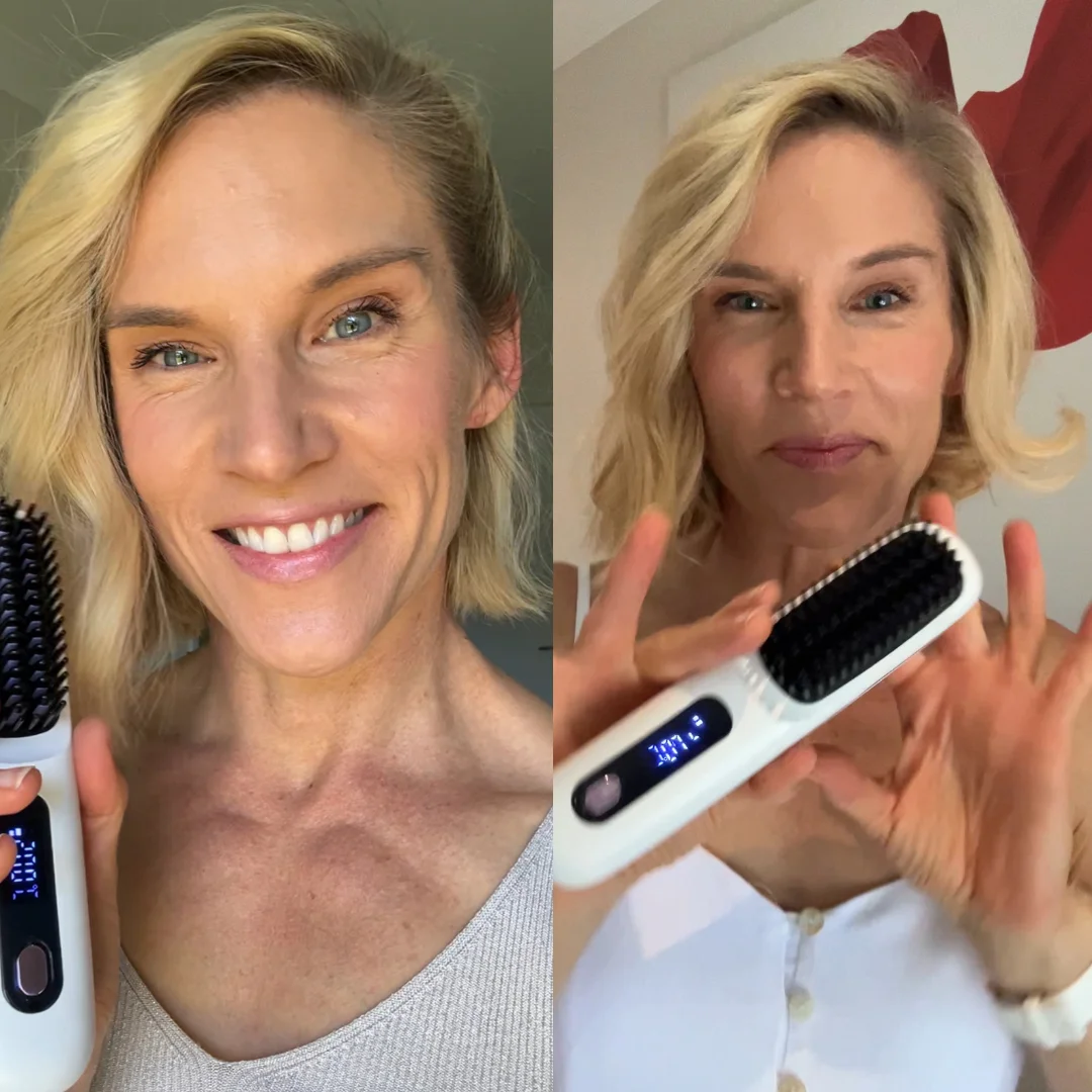 Two images of a woman holding a hair styling brush with a digital display.